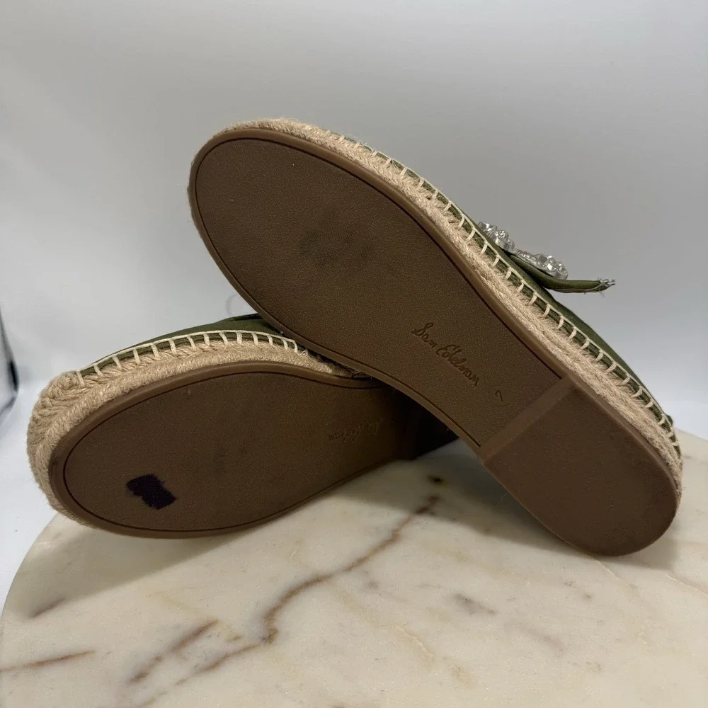 Sam Edelman Maddy Green Espadrille Mary Jane Silky Upper Ornate Buckle Flats 7